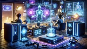 Dall·e 2023 11 06 17.08.02 Craft Conceptual Art For Ai Powered Video Games Emphasizing Video Game Console Imagery. The Scene Includes Advanced Gaming Consoles Of Various Design.jpg