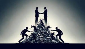 Dall·e 2023 11 08 16.52.57 Create A Minimalist And Wide Image Depicting The Intense Rivalry Among Shadowy Corporate Figures Around The Remains Of A Collapsed Company. At The Cen.jpeg