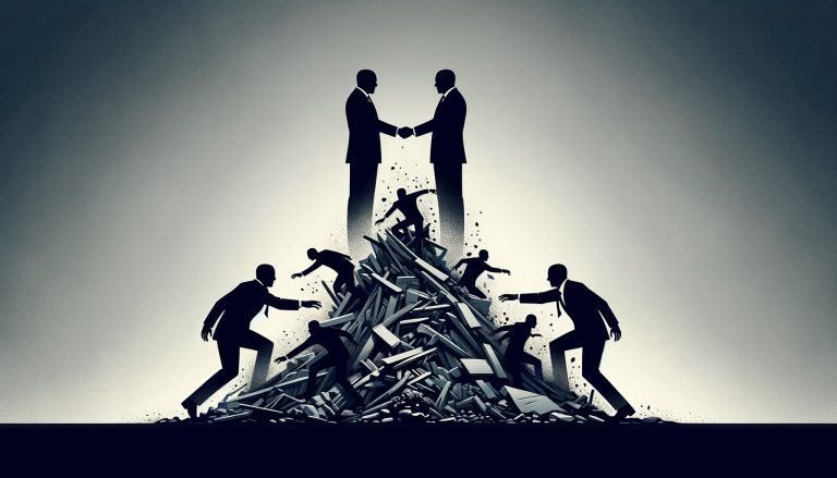 Dall·e 2023 11 08 16.52.57 Create A Minimalist And Wide Image Depicting The Intense Rivalry Among Shadowy Corporate Figures Around The Remains Of A Collapsed Company. At The Cen.jpeg