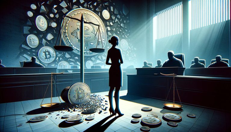 Dall·e 2023 11 09 13.40.31 Visualize An Abstract Representation Of A Courtroom Scene Where A Woman Is Pleading Guilty To Significant Cryptocurrency Fraud. The Image Should Be Sy.jpeg