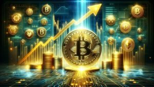 Dall·e 2023 11 10 12.30.31 An Image Representing The Concept Of Rising Investments And Optimism In The Crypto Market. The Foreground Shows A Large Shimmering Bitcoin Symbol Ra.jpg