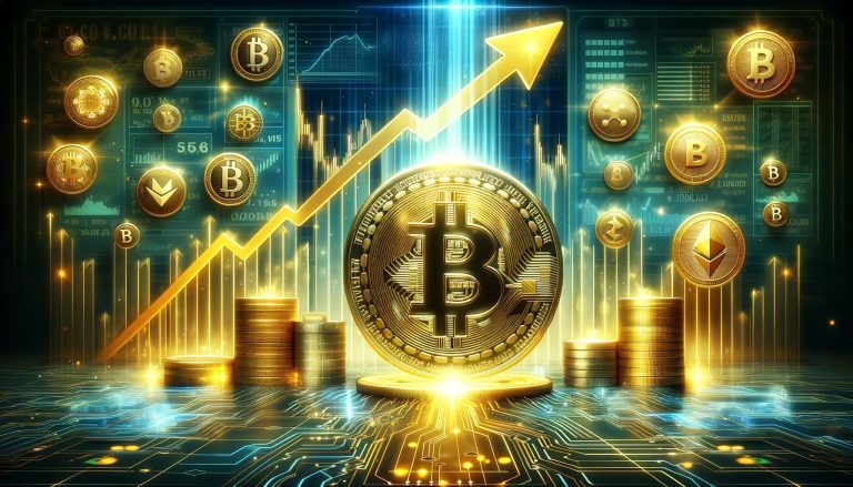 Dall·e 2023 11 10 12.30.31 An Image Representing The Concept Of Rising Investments And Optimism In The Crypto Market. The Foreground Shows A Large Shimmering Bitcoin Symbol Ra.jpg