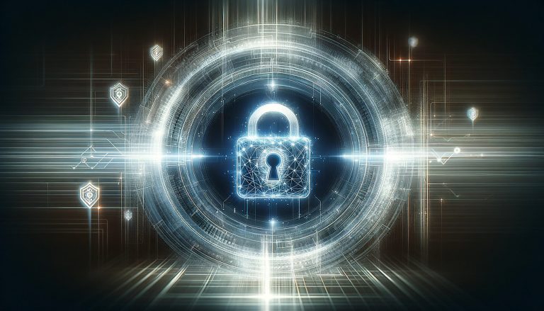 Dall·e 2023 11 10 16.47.19 An Abstract Digital Artwork Depicting The Concept Of Secure On Chain Account Verification. The Central Focus Is A Large Glowing Digital Lock Symbol.jpg