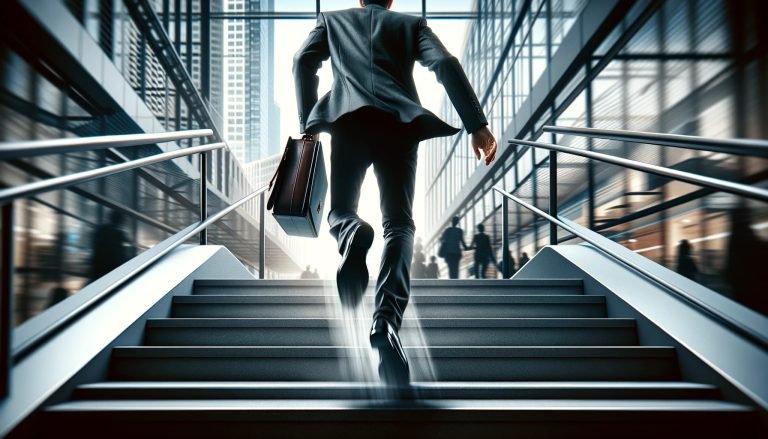 Dall·e 2023 11 14 16.10.22 A Photorealistic Image Showing A Dynamic Scene Of A Person In A Business Suit Stepping Down A Staircase Briskly With A Focus On Their Feet Hitting Th.jpg