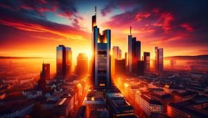 Dall·e 2023 11 15 11.26.34 Create A Vibrant And Dynamic Image Of The Frankfurt Germany Skyline At Dawn With The Light Of The Sun Casting A Warm Golden Glow Over The City. The.jpg