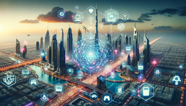 Dall·e 2023 11 28 13.45.34 A Cover Image For A News Story Set In Dubai Showcasing The Citys Ambition To Become An International Hub For Web3 Gaming. The Iconic Dubai Skyline.jpg