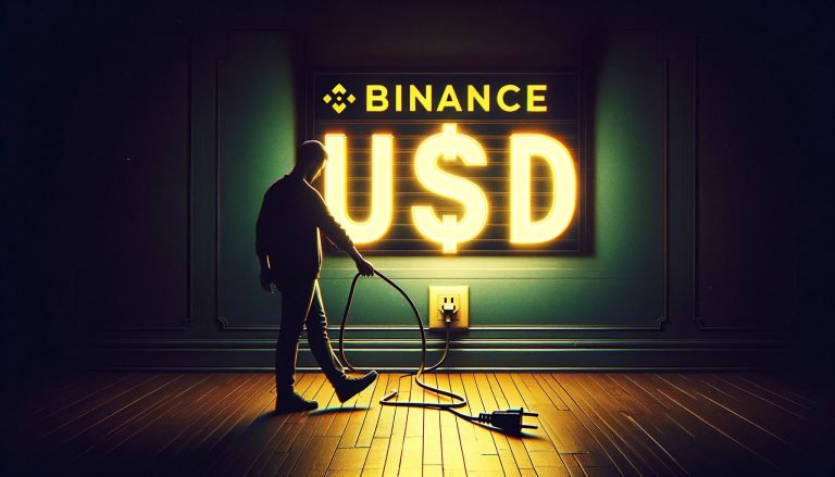 Dall·e 2023 11 29 16.02.39 Create An Evocative Cover Image Depicting A Person Pulling The Plug On A Large Illuminated Sign That Reads Binance Usd. The Setting Is A Dimly Lit R.jpg