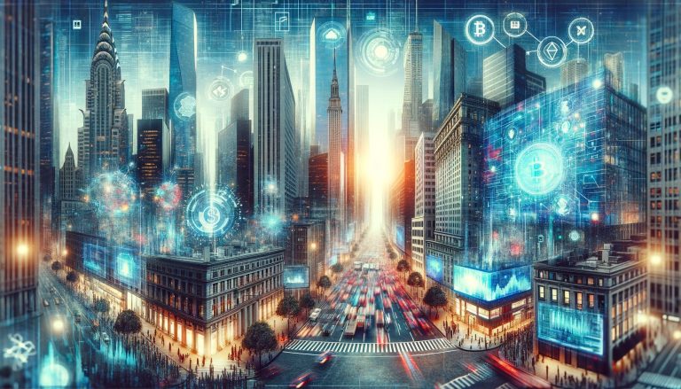 Dall·e 2023 12 04 18.13.42 Create A Cover Image Depicting A Digital Version Of Wall Street For A Tech Publication. Visualize A Bustling High Tech Financial District With Skyscr.jpg