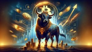 Dall·e 2023 12 07 16.27.26 Create A Hyperrealistic Cover Image For A Story Titled The King Of The Bitcoin Bulls Featuring An Actual Bull. The Bull Should Be Majestic And Powe.jpg