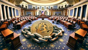 Dall·e 2023 12 11 13.20.38 Create A Hyperrealistic Cover Image For A Tech Publication Featuring A Large Bitcoin Symbol On The U.s. Senate Floor Depicting A Struggle For Freedo.jpg