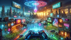 Dall·e 2023 12 11 15.40.33 A Hyperrealistic Landscape Oriented Cover Image For A Tech Publication Focusing On Web3 And Blockchain Gaming Reaching New Heights. The Design High.jpg