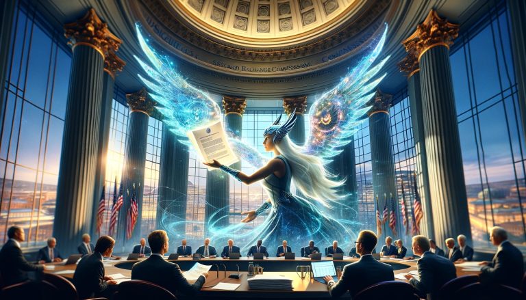 Dall·e 2023 12 14 14.45.29 A Dynamic Landscape Oriented Cover Image Portraying A Valkyrie Symbolizing Power And Oversight Turning In A Revised Set Of Papers To The U.s. Secur.jpg