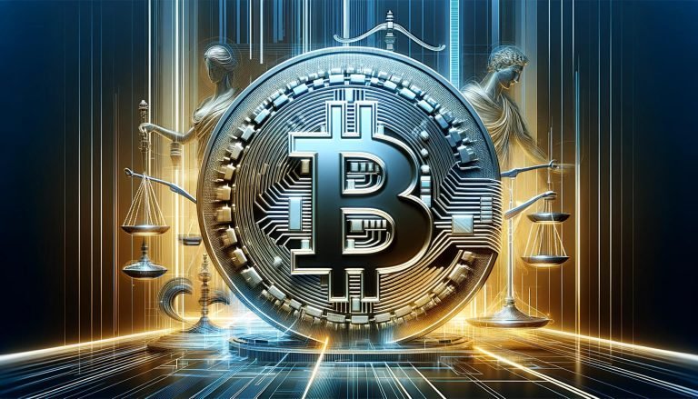 Dall·e 2023 12 14 17.33.51 A Dynamic Futuristic Cover Image For A Tech Publication In Landscape Orientation Focusing On Bitcoin Etfs And Court Rulings. The Centerpiece Is A La.jpg