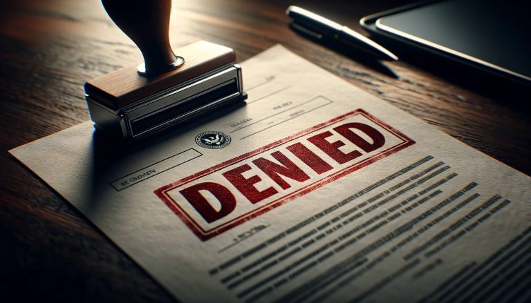 Dall·e 2023 12 15 10.09.11 A Close Up View Of The Document On The Office Desk Focusing Specifically On The Word Denied Stamped In Large Bold Red Letters. The Documents Text.jpg