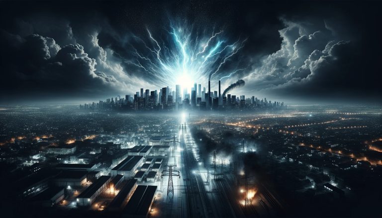 Dall·e 2023 12 15 13.00.35 Design A Landscape Oriented Cover Image Representing A Blackout Caused By A Power Surge. The Scene Should Depict A Sprawling Urban Cityscape At Night.jpg