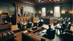 Dall·e 2023 12 22 15.25.42 A Realistic And Detailed Depiction Of A Traditional Courtroom For A Tech Publication Cover In Landscape Orientation. The Scene Is Rich In Classic Cou.jpg