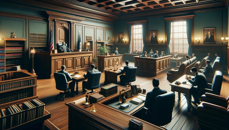 Dall·e 2023 12 22 15.25.42 A Realistic And Detailed Depiction Of A Traditional Courtroom For A Tech Publication Cover In Landscape Orientation. The Scene Is Rich In Classic Cou.jpg