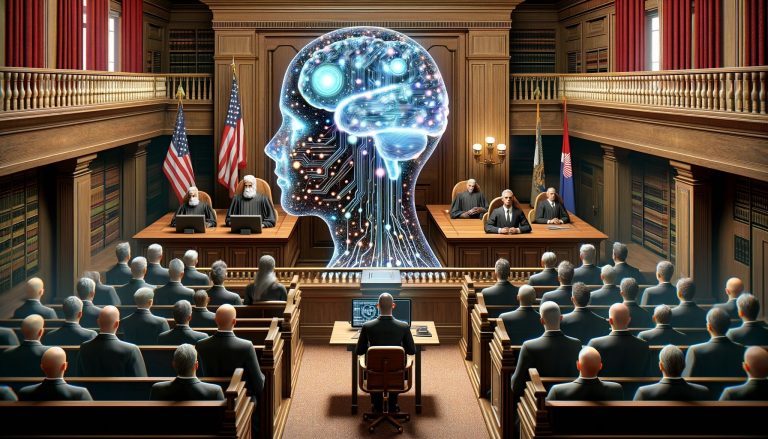 Dall·e 2023 12 27 17.38.32 A Cover Image Portraying A Digital Ai Brain Entity Being Tried For Copyright Infringement In A Classic American Courtroom. The Ai Brain Is The Defenda.jpg