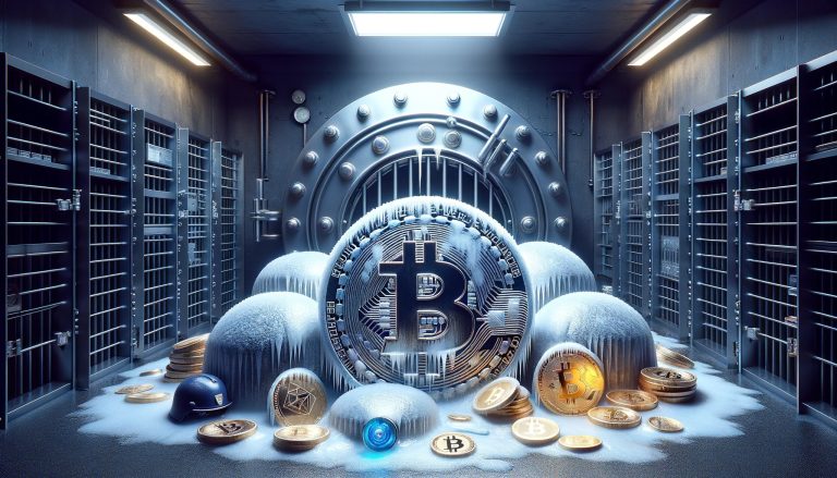 Dall·e 2023 12 27 18.07.12 Visualize A Cover Image For A Tech Publication Set In A Secure Dimly Lit Vault Of A French Bank. This Scene Focuses On Seized Bitcoins Represented .jpg