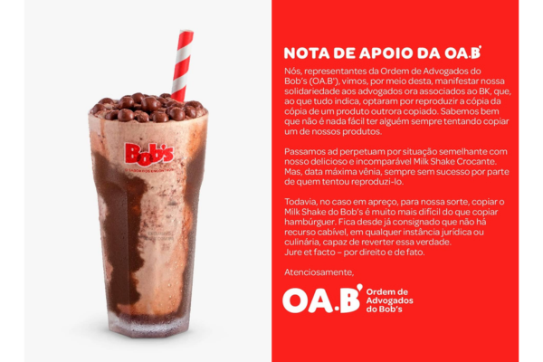 Bob’s é alvo de críticas da advocacia ao fazer graça com a ‘OA.B’ e não oferecer milk shake gratuito