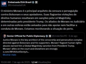 Em novas críticas a Moraes, Embaixada dos EUA faz alerta a ministros do STF e aliados: “estão avisados para não apoiar nem facilitar”
