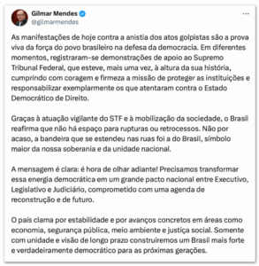 “Força do povo na defesa da democracia”: Gilmar manifesta apoio a atos contra PL da Anistia e PEC da Blindagem