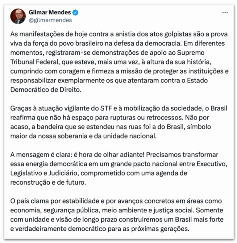 “Força do povo na defesa da democracia”: Gilmar manifesta apoio a atos contra PL da Anistia e PEC da Blindagem