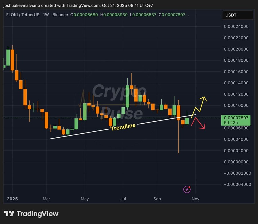Analistas de olho em US$ 0,00015 se FLOKI quebrar para US$ 0,00009
