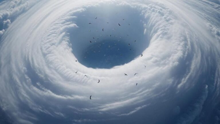 Foto feita com IA mostra aves "maiores que campos de futebol" no olho do furacão