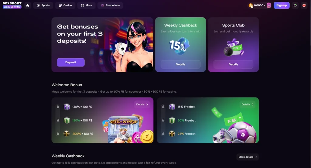 Página de bônus de boas-vindas da Dexsport. Fonte: Dexsport.io