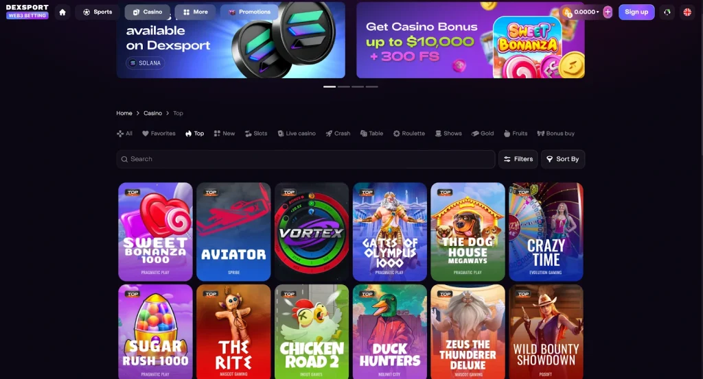 Biblioteca completa de jogos de cassino da Dexsport. Fonte: Dexsport.io