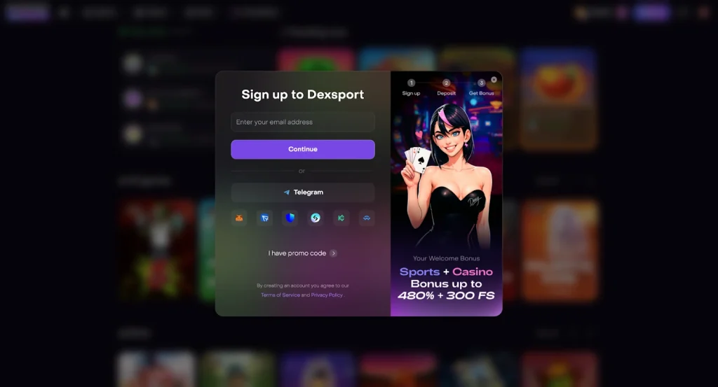 Métodos de registro disponíveis no Dexsport. Fonte: Dexsport.io