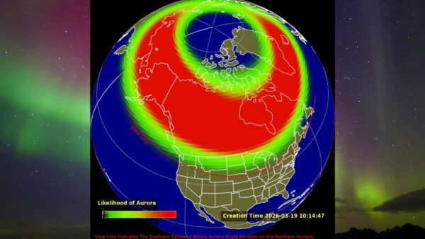 A aurora boreal pode ser visível em 18 estados em 19 de março