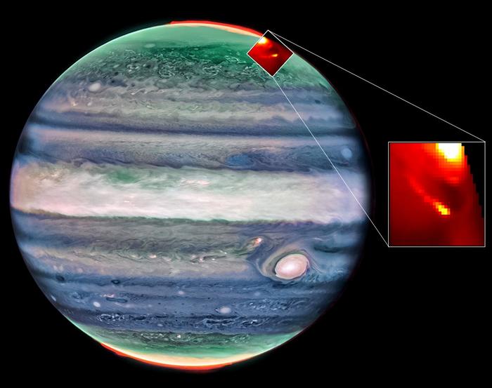 As luas de Júpiter deixam 'pegadas' frias nas auroras do planeta, descobriu o Telescópio Espacial James Webb