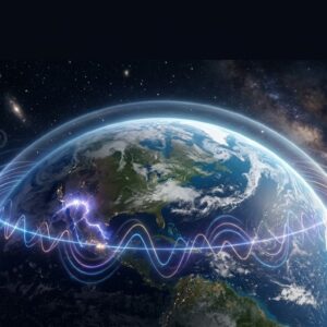 Ilustração estilizada da Terra cercada por ondas eletromagnéticas da Ressonância de Schumann no espaço