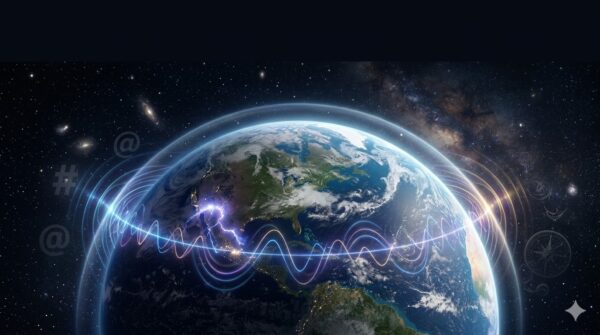 Ilustração estilizada da Terra cercada por ondas eletromagnéticas da Ressonância de Schumann no espaço