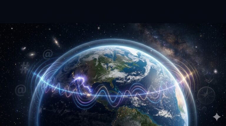 Ilustração estilizada da Terra cercada por ondas eletromagnéticas da Ressonância de Schumann no espaço