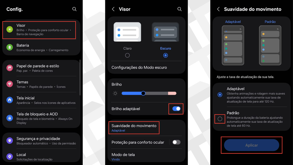 Passos para ajustar o brilho e movimento do Galaxy