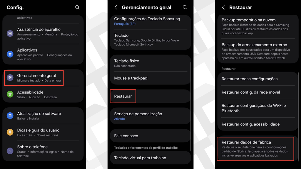 Passos para realizar a restauração de fábrica no Samsung