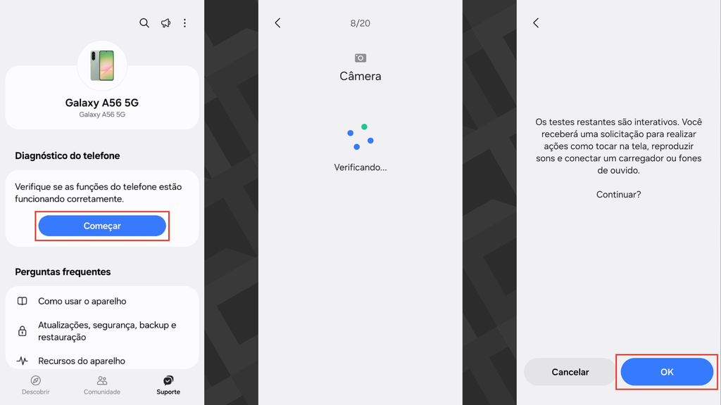 Passos para rodar diagnósticos no Samsung Members