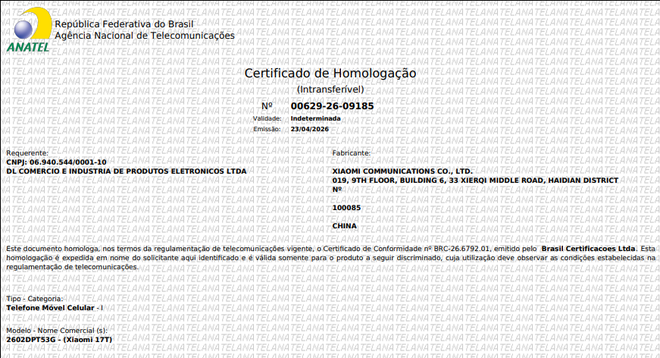 xiaomi 17t certificado de homologação anatel