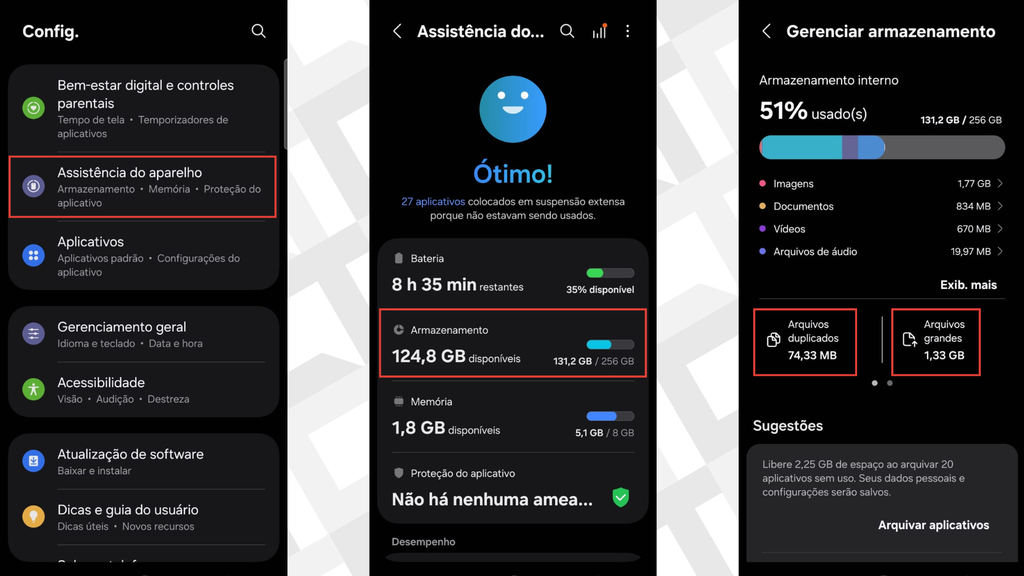 Passos para conferir o armazenamento do Galaxy