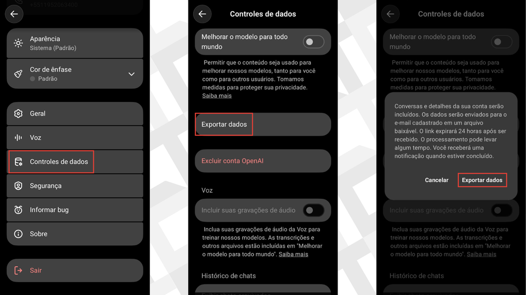 Passos para exportar dados dos ChatGPT