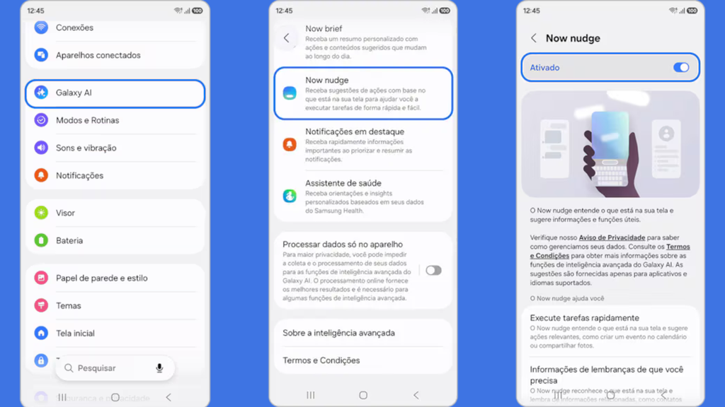 Passos para ativar o now nudge no Galaxy S26