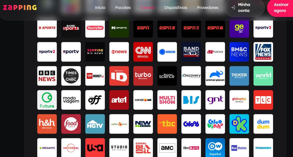 Grade com ícones dos canais oferecidos no plano Full da Zapping