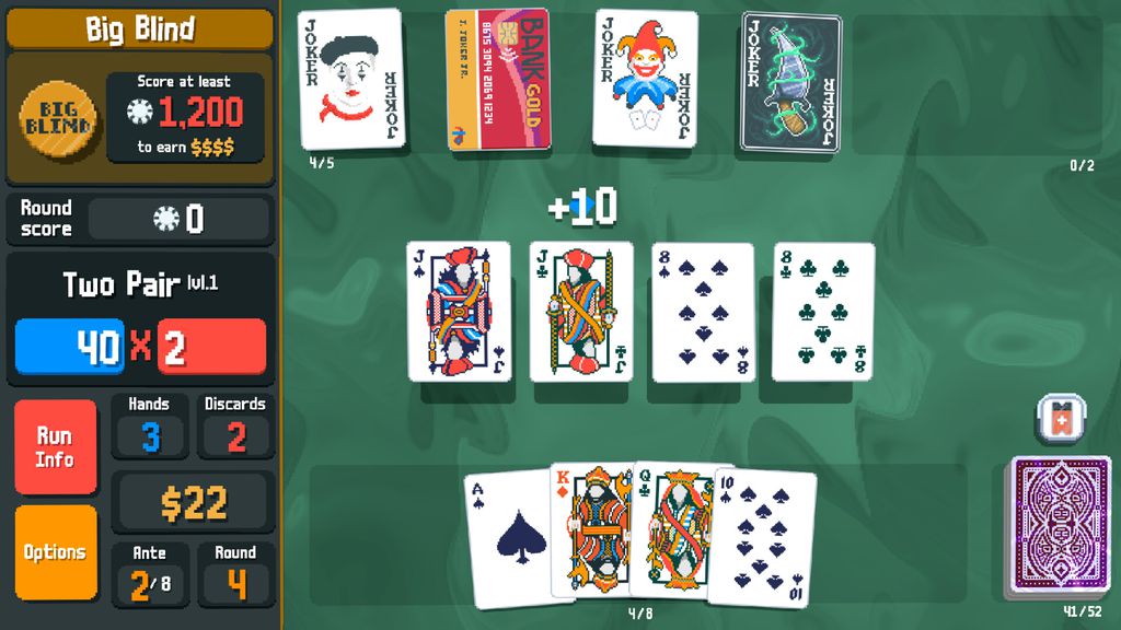 Em Balatro, o pôquer é subvertido em um game de coringas e probabilidades: cada vitória é extremamente recompensadora (Imagem: Divulgação/Playstack)
