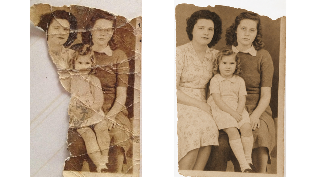 Foto antiga rasgada e reconstruída com IA