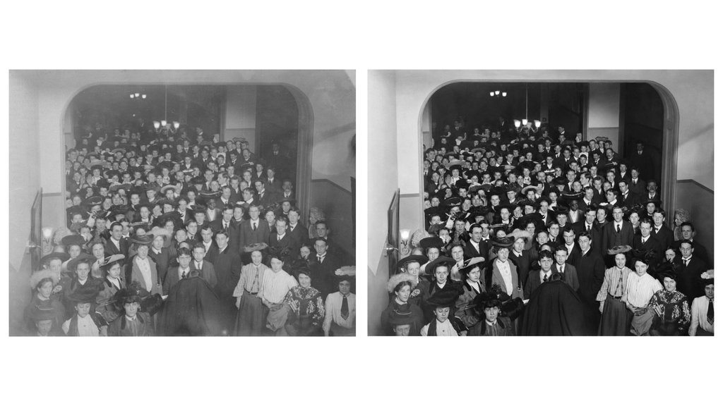 Foto escolar danificada e versão melhorada ao lado