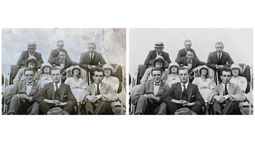 Foto de família danificada e versão melhorada ao lado