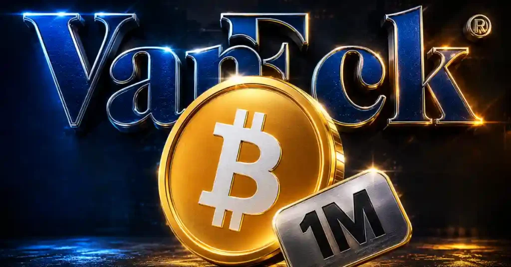 Uma moeda Bitcoin (BTC) de ouro posicionada ao lado de um grande logotipo da VanEck e um gráfico de negociação de velas verdes de alta com um preço-alvo de 1.000.000.